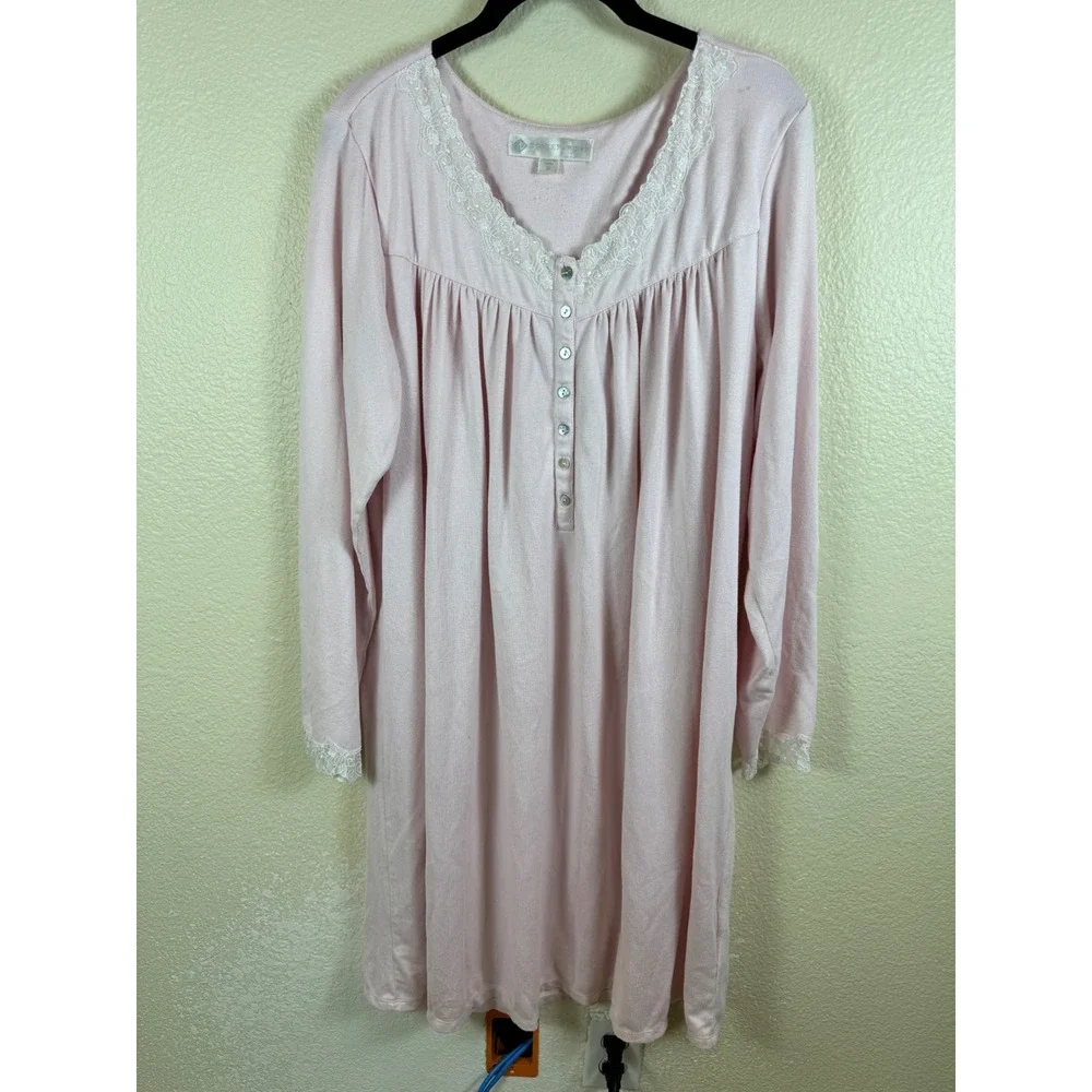 Eileen West Nightgown Women Medium Pink Lace Trim Henley Long Sleeve Sleepwear